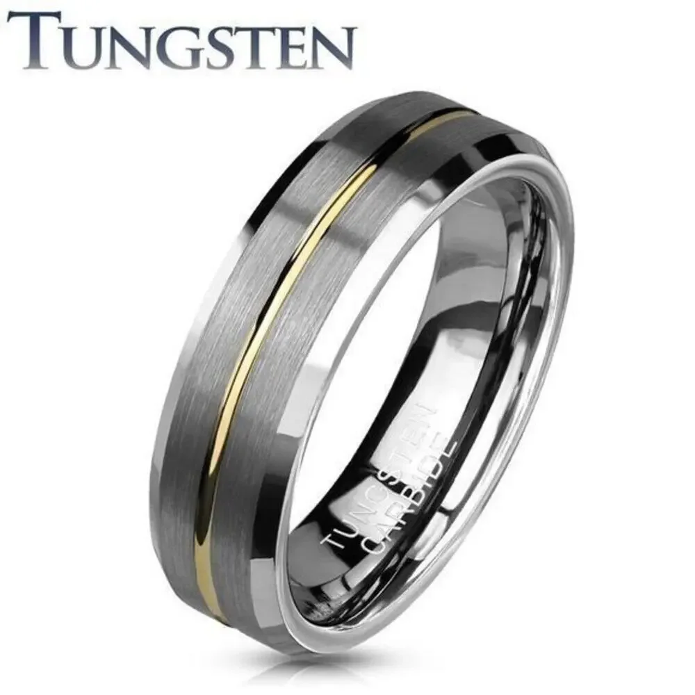 Brushed Finish Gold Groove Beveled Edges‎ Tungsten Carbide Ring. 6mm size 12